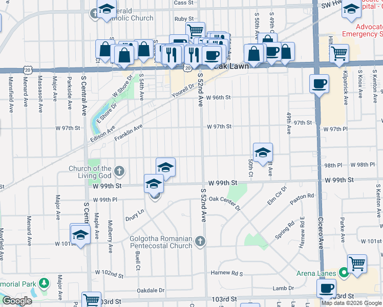 map of restaurants, bars, coffee shops, grocery stores, and more near 9735 Cook Avenue in Oak Lawn