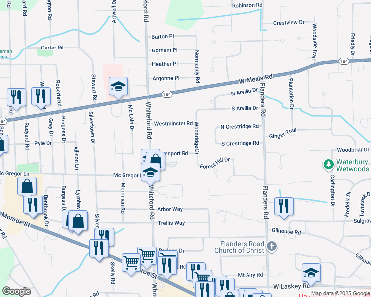 map of restaurants, bars, coffee shops, grocery stores, and more near 5002 Davenport Road in Sylvania