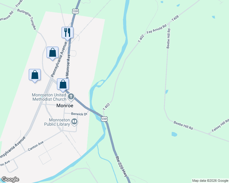 map of restaurants, bars, coffee shops, grocery stores, and more near 247 Woodside Road in Towanda