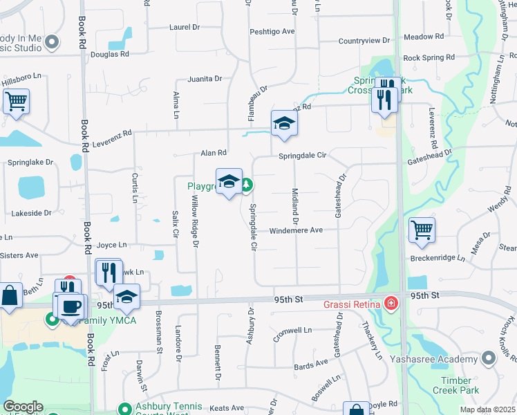 map of restaurants, bars, coffee shops, grocery stores, and more near 1325 Fireside Court in Naperville