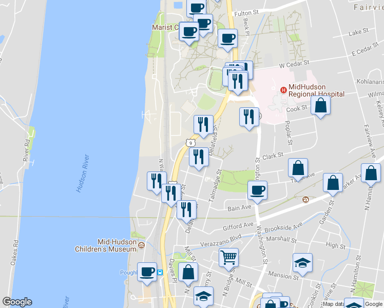 map of restaurants, bars, coffee shops, grocery stores, and more near 26 Spruce Street in Poughkeepsie