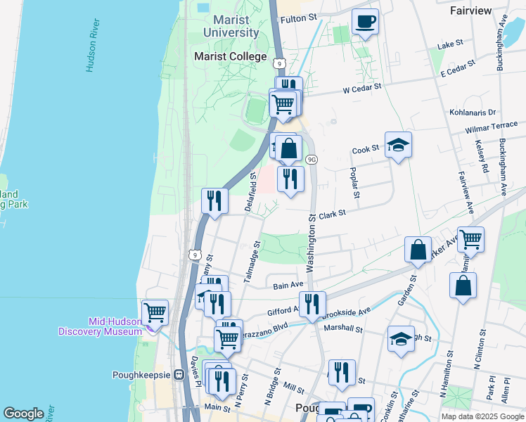 map of restaurants, bars, coffee shops, grocery stores, and more near 109 Delafield Street in Poughkeepsie