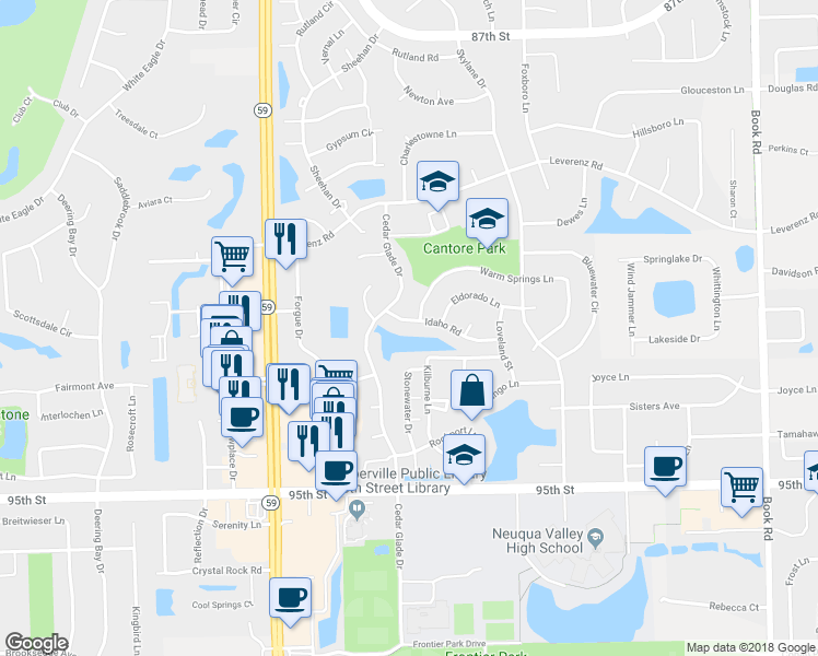 map of restaurants, bars, coffee shops, grocery stores, and more near 2724 Idaho Road in Naperville
