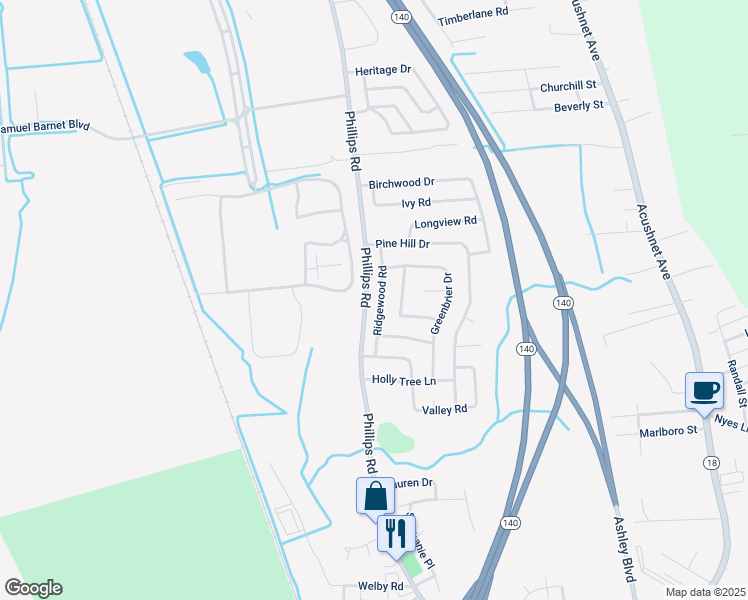 map of restaurants, bars, coffee shops, grocery stores, and more near 78 Ridgewood Road in New Bedford