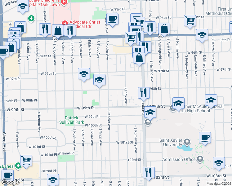 map of restaurants, bars, coffee shops, grocery stores, and more near 4112 West 98th Street in Oak Lawn