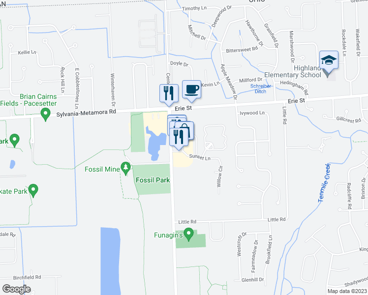 map of restaurants, bars, coffee shops, grocery stores, and more near 5646 Mayberry Square East in Sylvania
