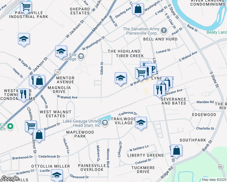 map of restaurants, bars, coffee shops, grocery stores, and more near 264 West Walnut Avenue in Painesville