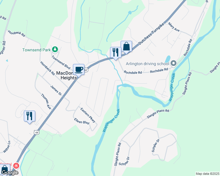 map of restaurants, bars, coffee shops, grocery stores, and more near 30 Skyview Drive in Poughkeepsie