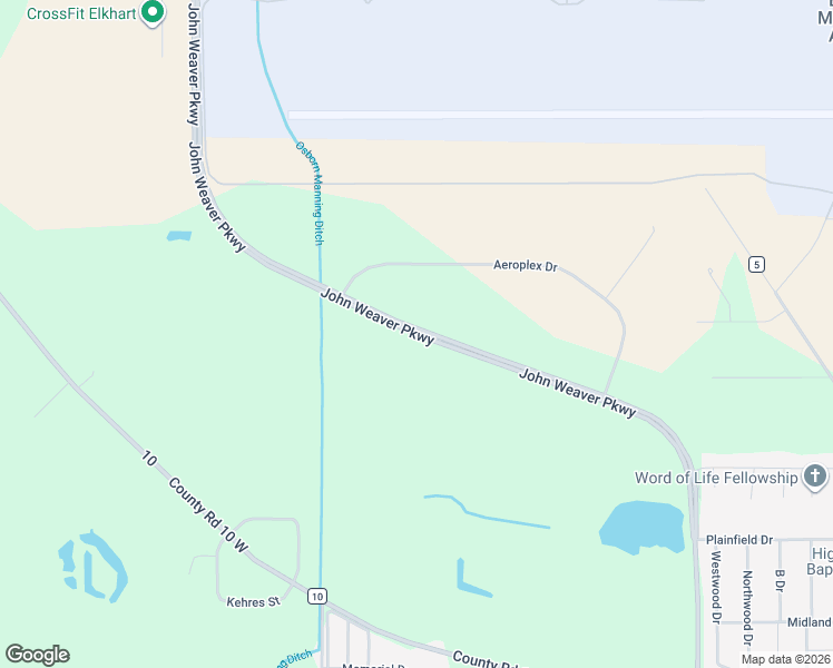 map of restaurants, bars, coffee shops, grocery stores, and more near John Weaver Parkway in Elkhart