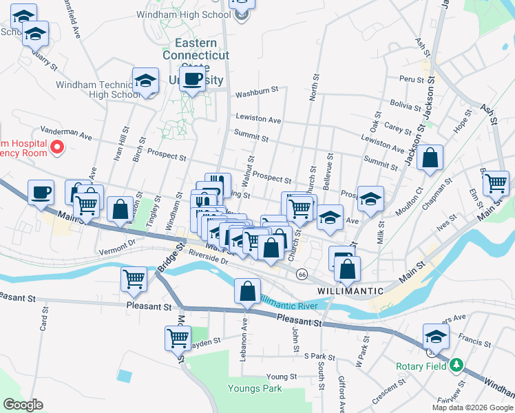 map of restaurants, bars, coffee shops, grocery stores, and more near 88 Spring Street in Windham