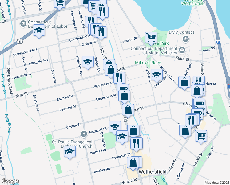map of restaurants, bars, coffee shops, grocery stores, and more near 416 Silas Deane Highway in Wethersfield