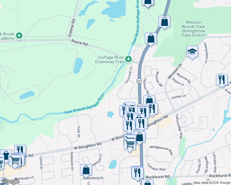 map of restaurants, bars, coffee shops, grocery stores, and more near 527 Concord Lane in Bolingbrook