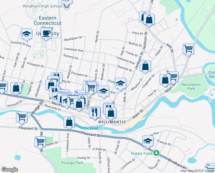 map of restaurants, bars, coffee shops, grocery stores, and more near 23 Turner Street in Windham