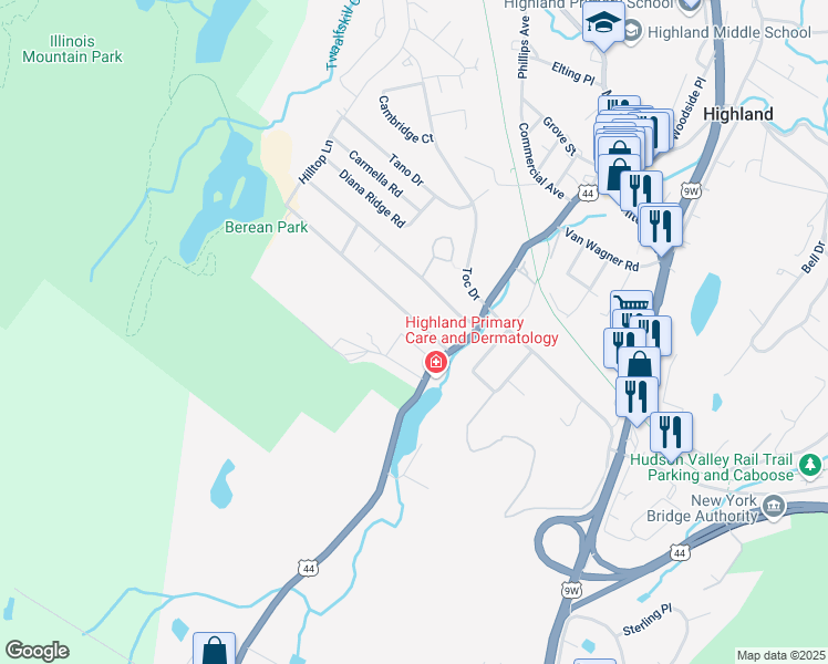 map of restaurants, bars, coffee shops, grocery stores, and more near 12 Reservoir Road in Highland