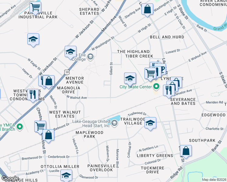 map of restaurants, bars, coffee shops, grocery stores, and more near 241 Gillett Street in Painesville