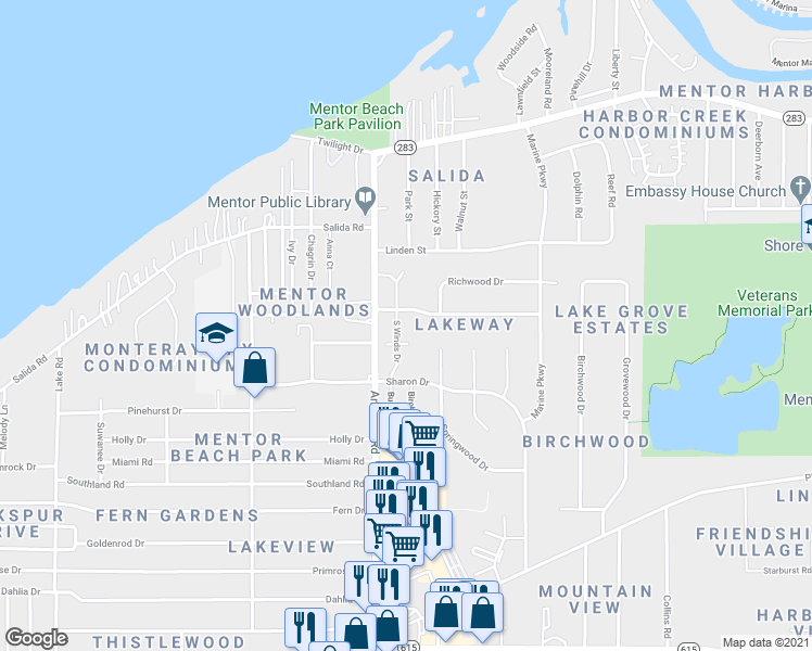 map of restaurants, bars, coffee shops, grocery stores, and more near 5769 South Winds Drive in Mentor-on-the-Lake