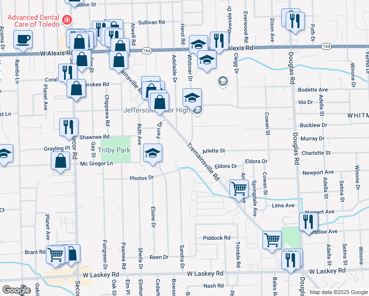 map of restaurants, bars, coffee shops, grocery stores, and more near in Toledo
