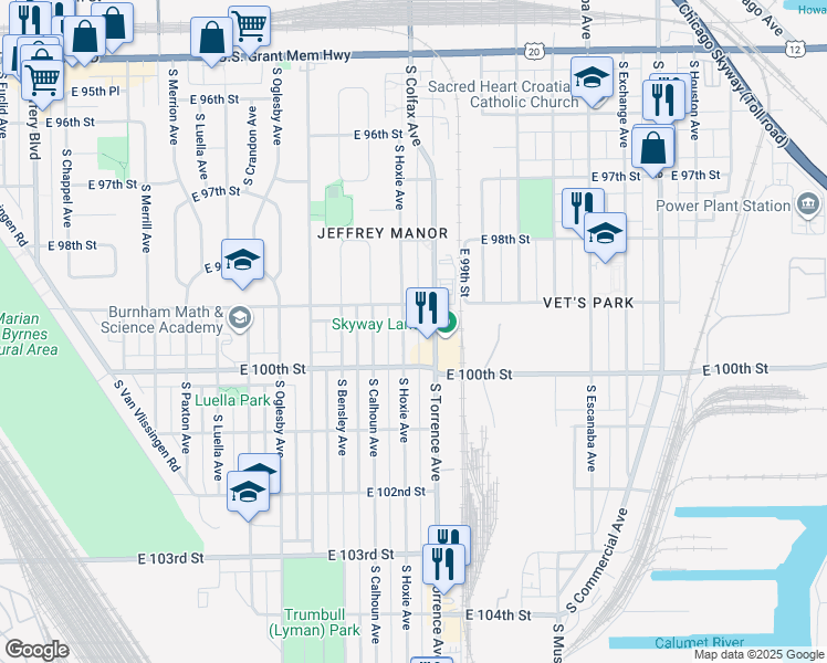 map of restaurants, bars, coffee shops, grocery stores, and more near 9910 South Hoxie Avenue in Chicago
