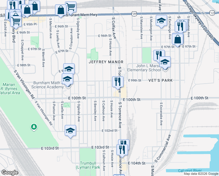 map of restaurants, bars, coffee shops, grocery stores, and more near 9924 South Hoxie Avenue in Chicago