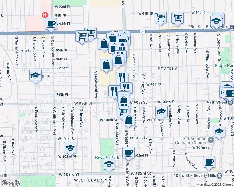 map of restaurants, bars, coffee shops, grocery stores, and more near 9800 South Western Avenue in Evergreen Park