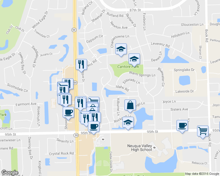 map of restaurants, bars, coffee shops, grocery stores, and more near 2748 Idaho Road in Naperville