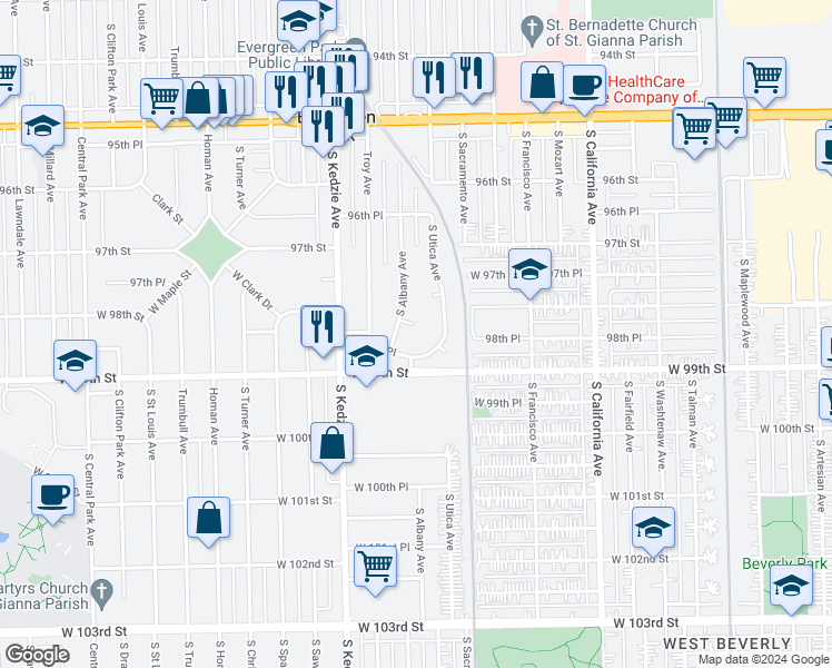 map of restaurants, bars, coffee shops, grocery stores, and more near 9819 South Albany Avenue in Evergreen Park