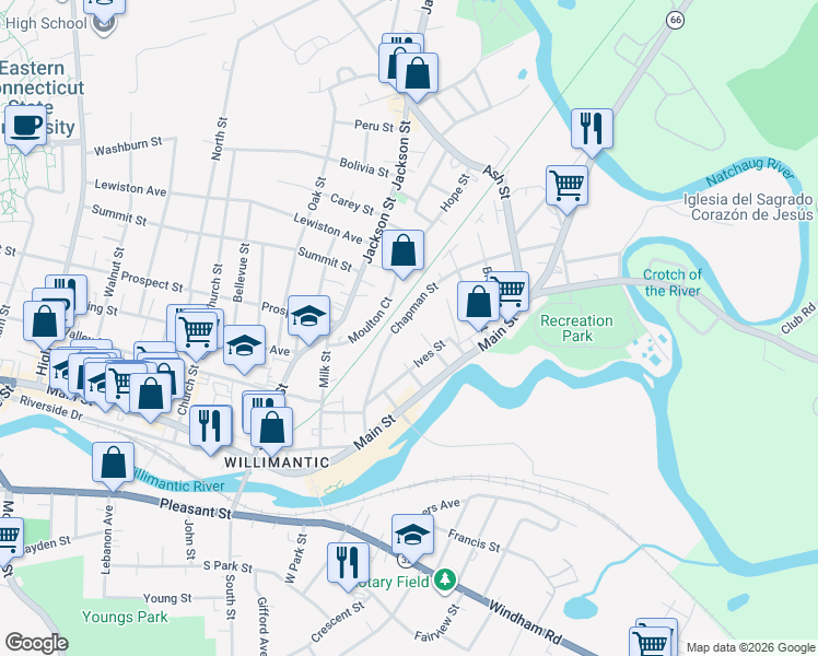 map of restaurants, bars, coffee shops, grocery stores, and more near 85 Chapman Street in Windham