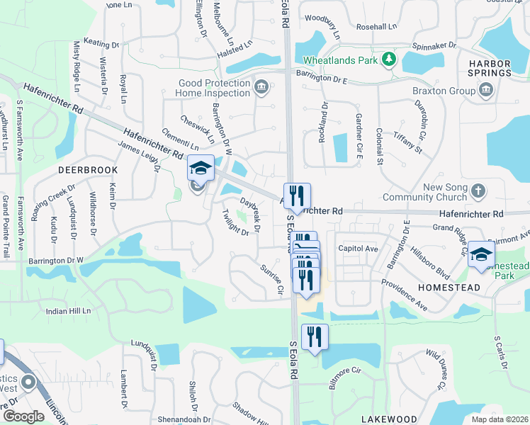 map of restaurants, bars, coffee shops, grocery stores, and more near 2230 Daybreak Drive in Aurora
