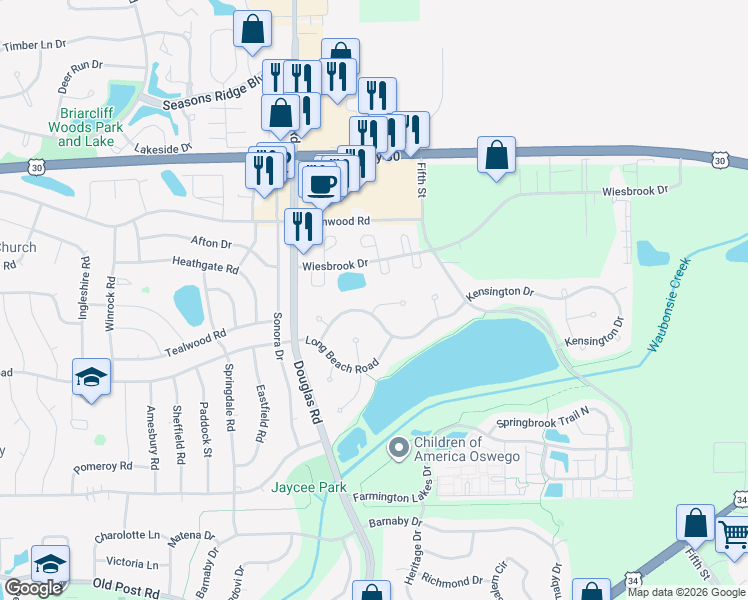 map of restaurants, bars, coffee shops, grocery stores, and more near 208 Buckingham Court in Oswego