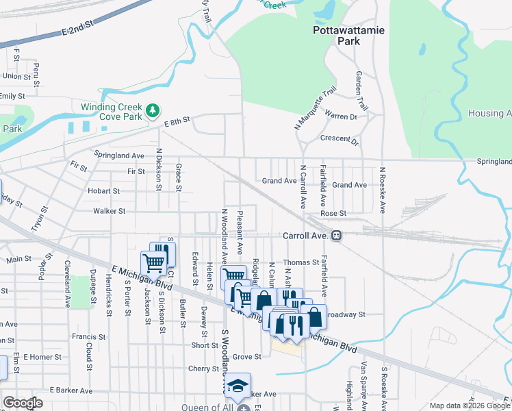map of restaurants, bars, coffee shops, grocery stores, and more near 501 Rose Street in Michigan City