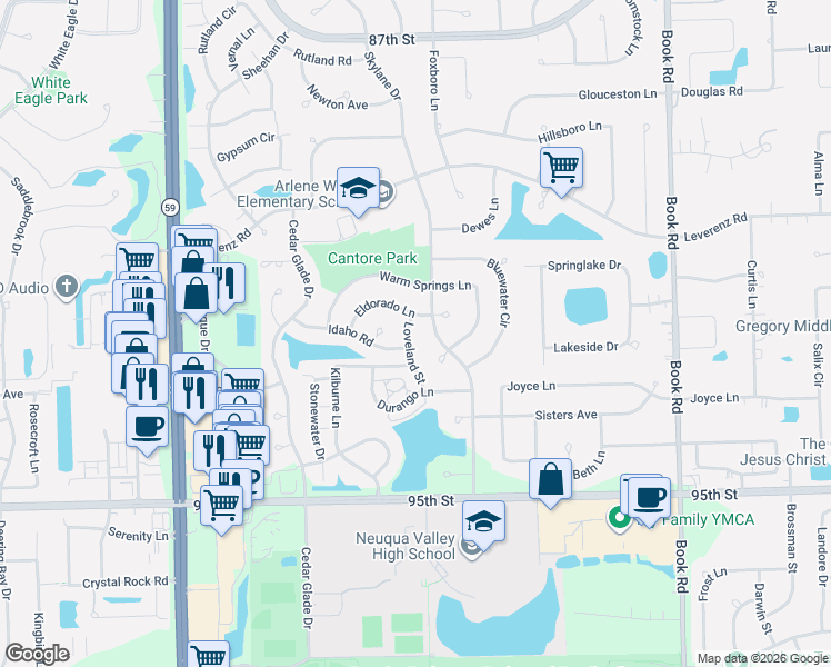 map of restaurants, bars, coffee shops, grocery stores, and more near 2712 Loveland Street in Naperville