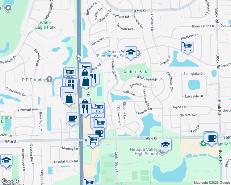 map of restaurants, bars, coffee shops, grocery stores, and more near 2748 Idaho Road in Naperville