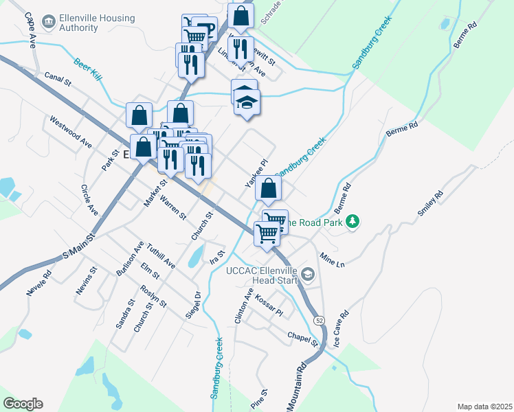 map of restaurants, bars, coffee shops, grocery stores, and more near 24 Edwards Place in Ellenville