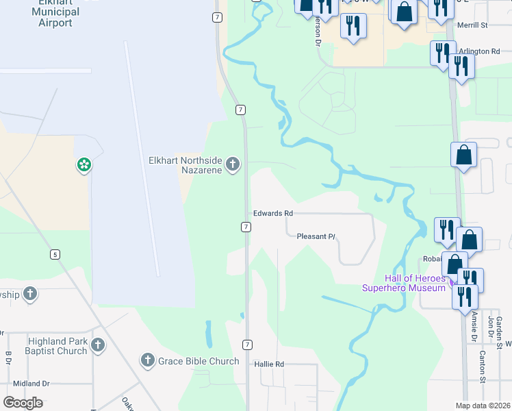 map of restaurants, bars, coffee shops, grocery stores, and more near 53670 County Road 7 in Elkhart