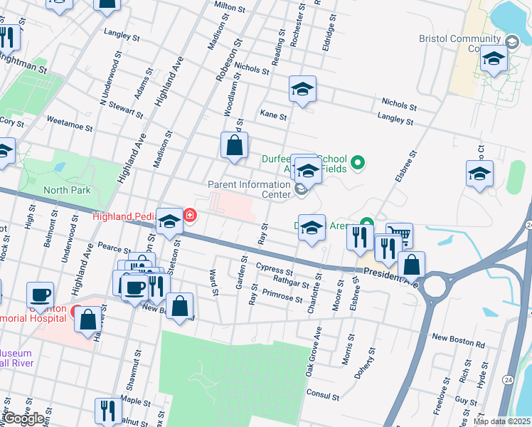 map of restaurants, bars, coffee shops, grocery stores, and more near 360 Ray Street in Fall River