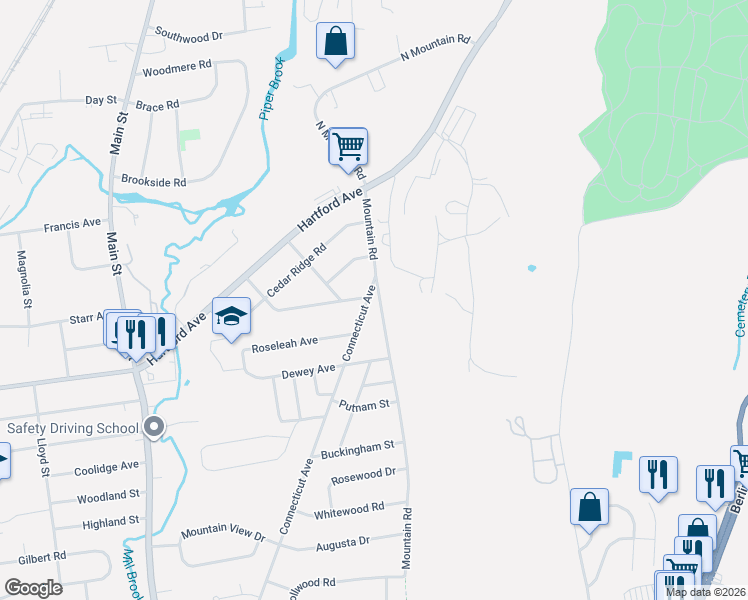 map of restaurants, bars, coffee shops, grocery stores, and more near 461 Mountain Road in Newington