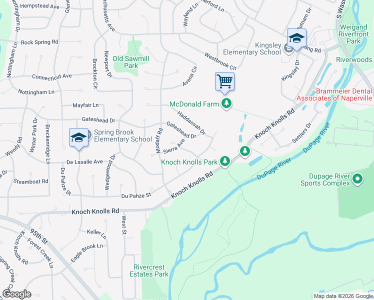 map of restaurants, bars, coffee shops, grocery stores, and more near Alyssa Drive in Naperville