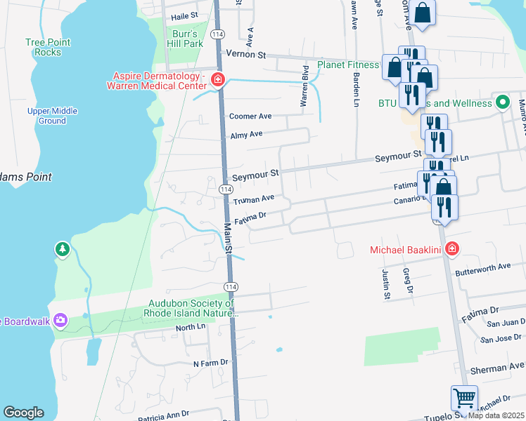 map of restaurants, bars, coffee shops, grocery stores, and more near 51 Truman Avenue in Warren