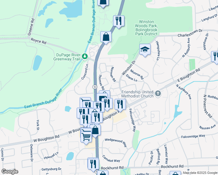 map of restaurants, bars, coffee shops, grocery stores, and more near 173 Norman Way in Bolingbrook