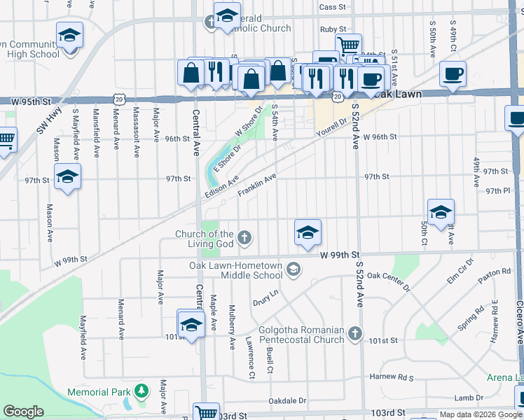 map of restaurants, bars, coffee shops, grocery stores, and more near 9729 Warren Avenue in Oak Lawn