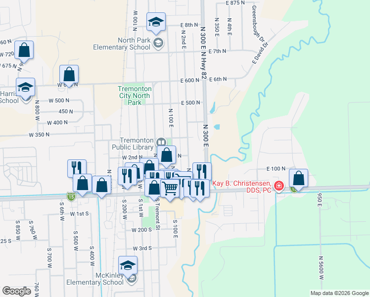 map of restaurants, bars, coffee shops, grocery stores, and more near 225 North 200 East in Tremonton