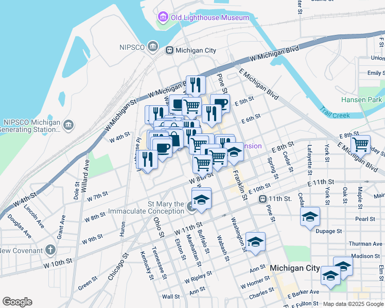 map of restaurants, bars, coffee shops, grocery stores, and more near 624 Wabash Street in Michigan City