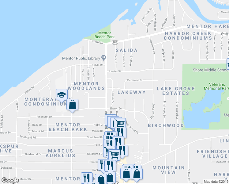 map of restaurants, bars, coffee shops, grocery stores, and more near 5769 South Winds Drive in Mentor-on-the-Lake