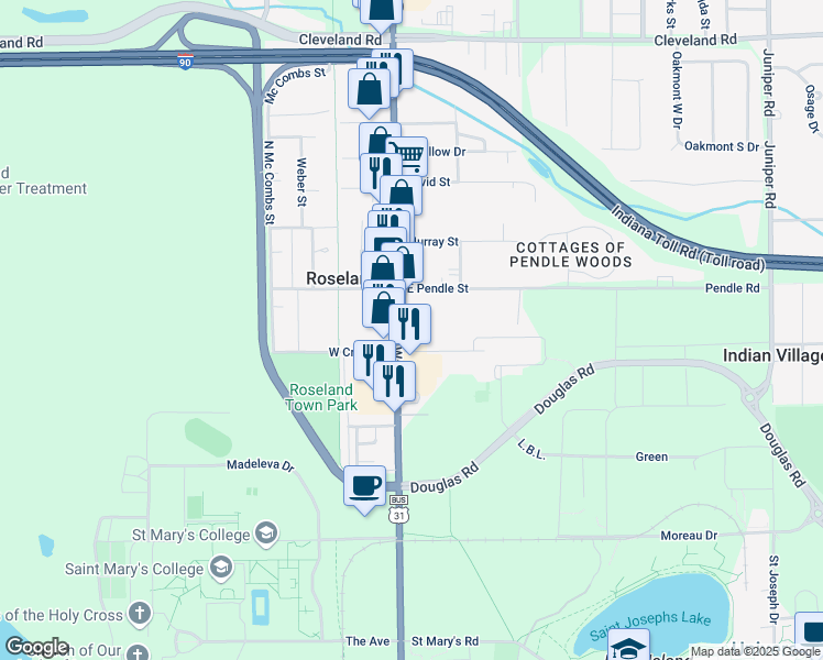 map of restaurants, bars, coffee shops, grocery stores, and more near 4000 Braemore Avenue in Roseland
