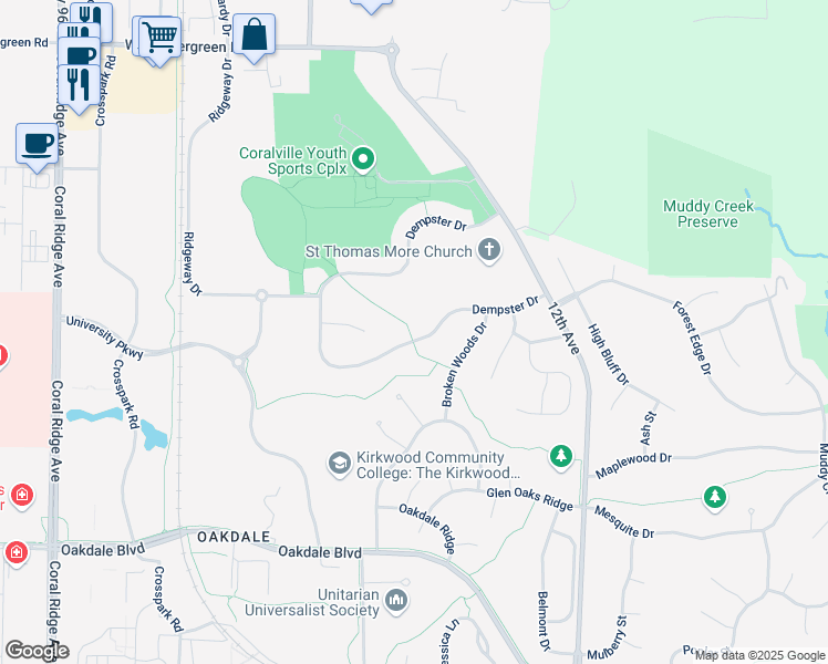 map of restaurants, bars, coffee shops, grocery stores, and more near 2095 Dempster Drive in Coralville