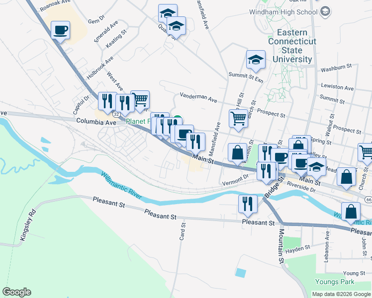map of restaurants, bars, coffee shops, grocery stores, and more near 1275 Main Street in Windham