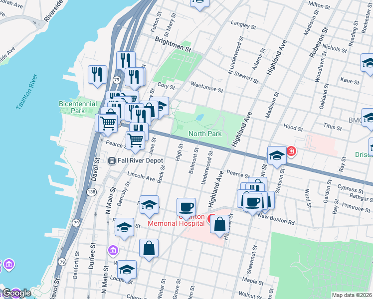 map of restaurants, bars, coffee shops, grocery stores, and more near 1005 High Street in Fall River
