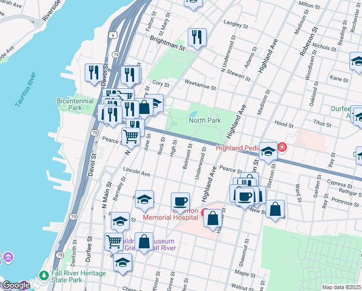 map of restaurants, bars, coffee shops, grocery stores, and more near 1005 High Street in Fall River