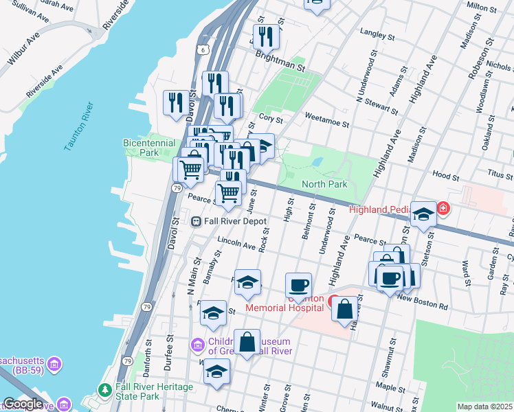 map of restaurants, bars, coffee shops, grocery stores, and more near 708 June Street in Fall River