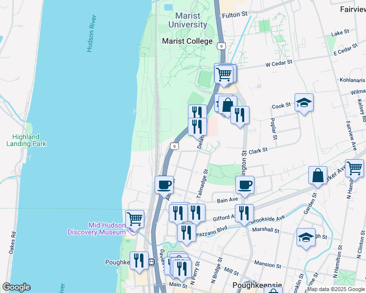 map of restaurants, bars, coffee shops, grocery stores, and more near 26 Spruce Street in Poughkeepsie